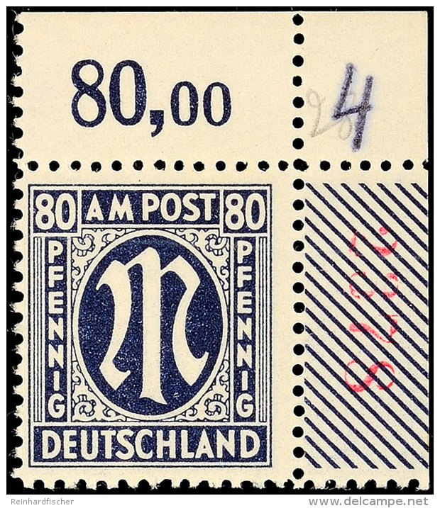 80 Pf. Schwarzviolettultramarin, Re. Obere Bogenecke Mit Roter Zählnummer, Kleiner Bug, Postfrisch,... - Autres & Non Classés