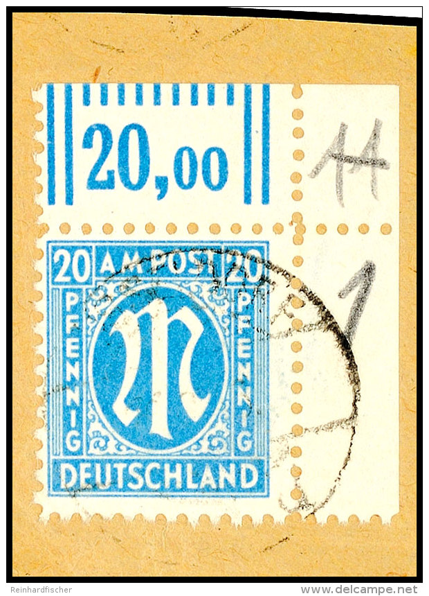 20 Pfennig AM-Post, Deutscher Druck, Eckrandstück Oben Rechts Ohne Bogenzählnummer, Gestempelt... - Otros & Sin Clasificación