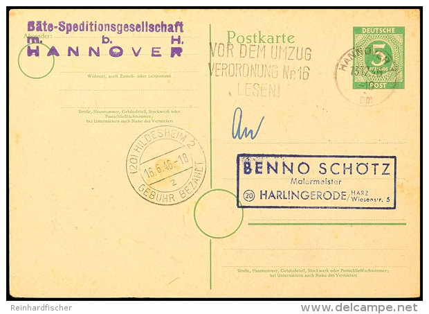 Hildesheim 2, "Gebühr Bezahlt 16.6.46"  (7 Pf.) Auf GA-Karte Ziffer 5 Pf. Von Hannover Nach Harlingerrode... - Autres & Non Classés