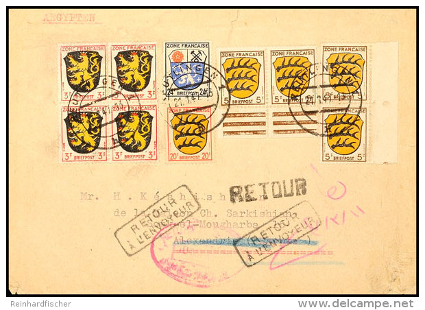 24 Pfg., 20 Pfg., 5 Pfg. (4) Und 3 Pfg. (4) Wappen Auf Auslandsbrief Aus REUTLINGEN 21.1.47 Nach Alexandria,... - Autres & Non Classés