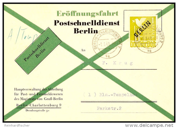 1 M. Schwarzausdruck Auf Postschnell-Dienst-FDC Von BERLIN-CHARLOTTENBURG 2 1.3.49 Gelaufen Mit Grünem... - Otros & Sin Clasificación