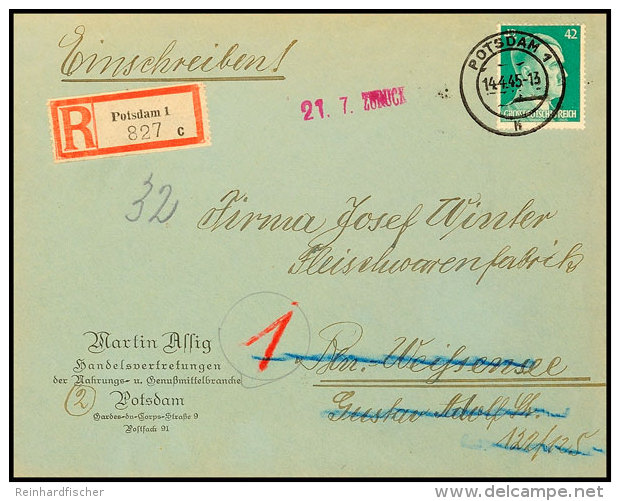 Incoming Mail: 1945, 42 Pfg. Hitler Auf R-Brief Von POTSDAM 14.4.45 Nach Berlin-Weissensee Mit Rotem L1... - Autres & Non Classés