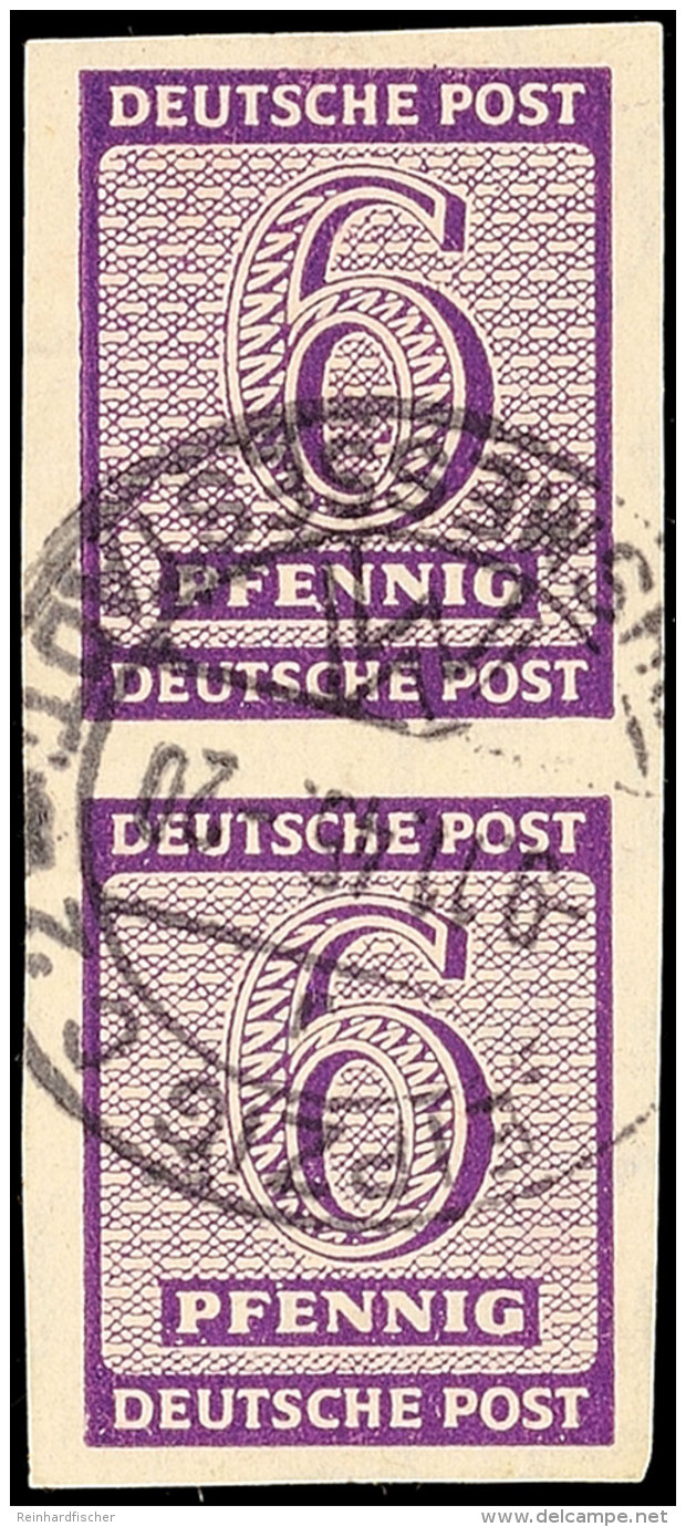 6 Pfennig Ziffern, Wasserzeichen 1X, Dunkelrotviolett, Senkrechtes Paar, Tadellos Gestempelt, Geprüft... - Autres & Non Classés