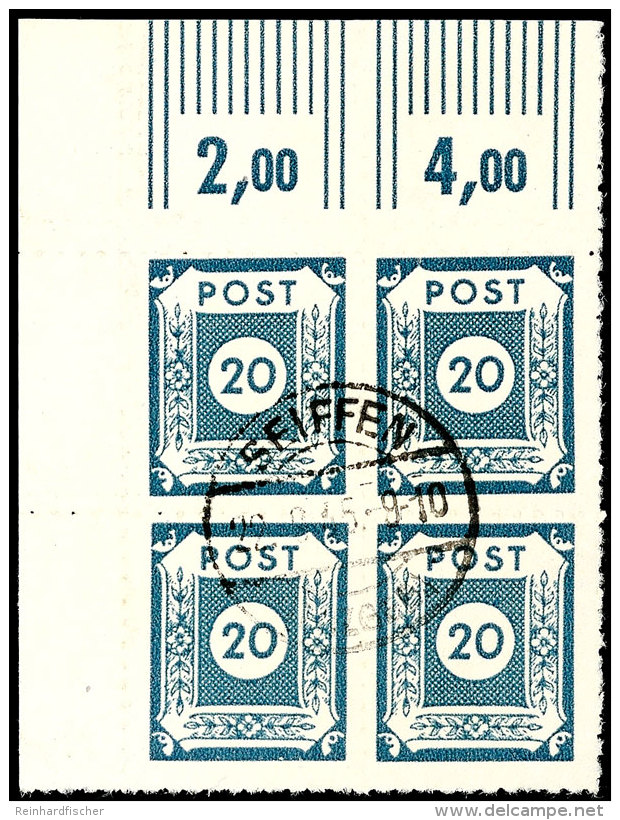 20 Pf. Eckrandviererblock Links Oben(!) Mit Postmeisterdurchstich Vom Postamt Seiffen, Tadellos Gestempelt SEIFFEN... - Autres & Non Classés