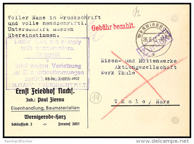 1945, Zweisprachiger Ra8 ".....3 Brief Wegen Verletzung Der Zensurbestimmungen....MILITARY GOUVERNEMENT P.T.T.",... - Otros & Sin Clasificación