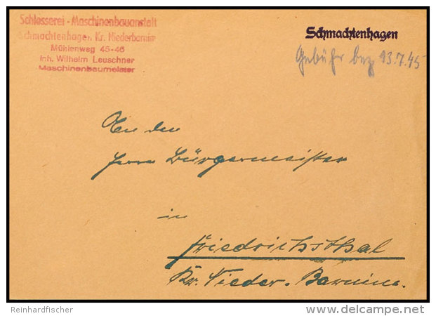 1945, Violetter L1-Notstempel "Schmachtenhagen" Auf Firmenbedarfsbrief Mit Handschriftlicher Barfrankierung Und... - Autres & Non Classés