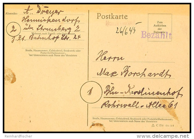 1945, Notstempel-L1 "Hennockendorf" Mit Handschriftlichem Datum Vom 26.6.45 Auf Postkarte Mit Violettem L1... - Autres & Non Classés