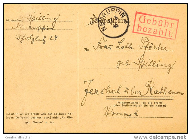 1945, Notstempel "NEURUPIN A 17.5.45", Klar Auf Postkarte Mit Rotem Ra2 Gebühr Bezahlt Nach Jeribel, Karte... - Autres & Non Classés