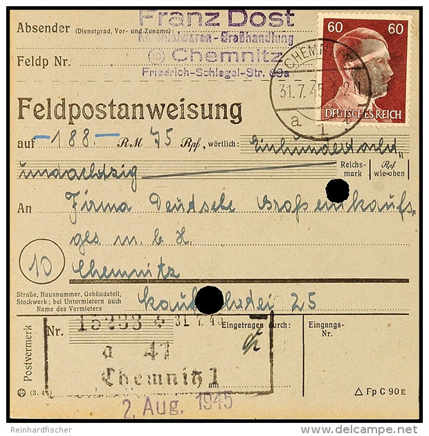 60 Pf. Hitler, EF Auf Postanweisung Vom 31.7.45, Katalog: AP797I BF60 Pf. Hitler, Single Franking On Money... - Autres & Non Classés