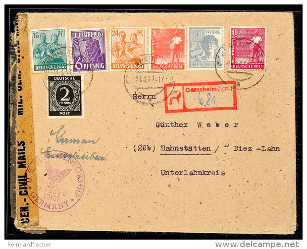 GERNSHEIM (HESSEN) 1947, Mit 7 Versch. Marken Der Gemeinschaftsausgaben Frankierter R-Brief Nebst Rotem R-Stempel... - Otros & Sin Clasificación