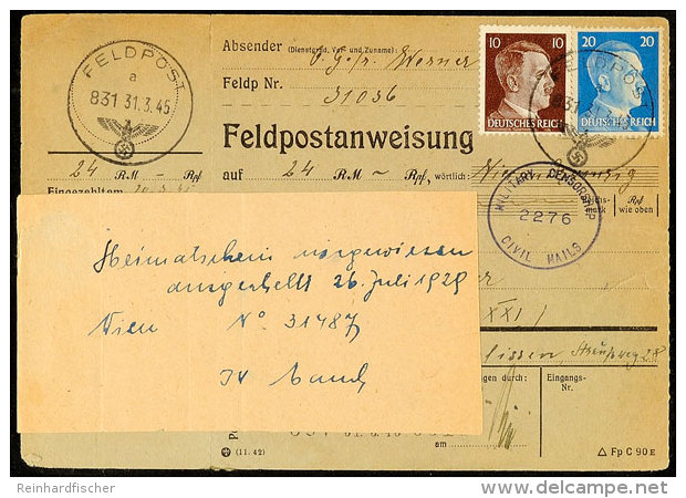 Feldpost 1945, 10 Und 20 Pfg Hitler Auf Fp-Anweisung Aus Ungarn Ab Fp-Nr. 31036 (= 357. Inf.Div.) Mit Fp-Stempel... - Autres & Non Classés