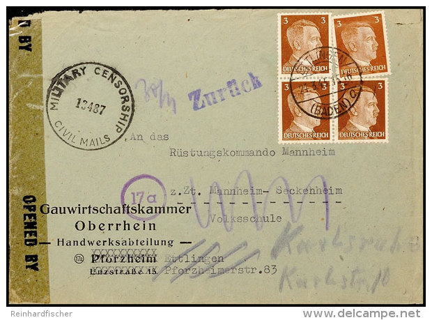 1945, Vordruckbrief Der Ausgelagerten Gauwirtschaftskammer In Pforzheim Gebraucht Aus ETTLINGEN 24.3.45 Mit 4... - Otros & Sin Clasificación