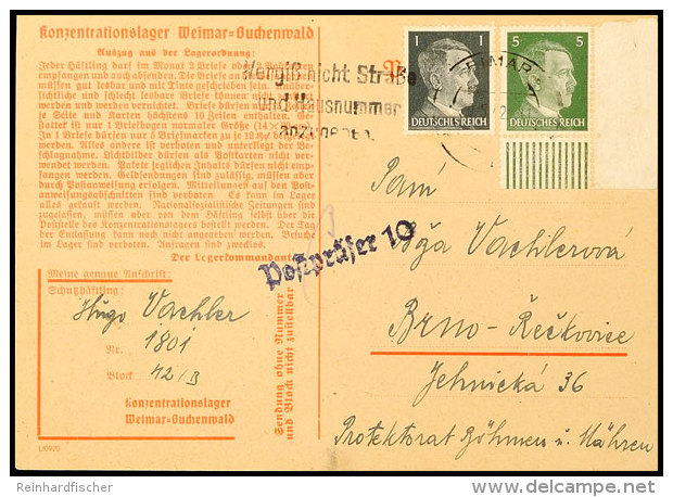 KZ Buchenwald: 1942, Vordruckkarte Mit DV "L/0920", Gebraucht Mit 5 Pfg. Und 1 Pfg. Hitler Von WEIMAR 5.5. Mit L1... - Otros & Sin Clasificación