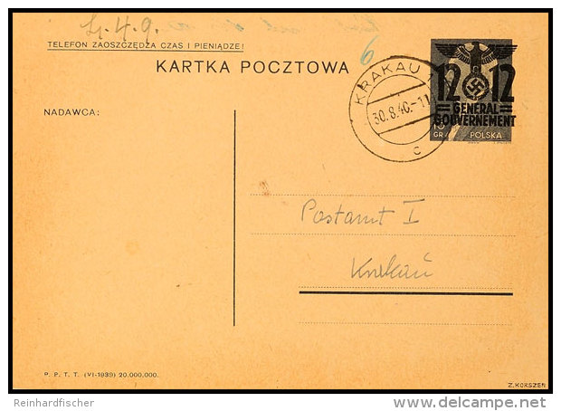 Ghetto Krakau: 1940, 12 Auf 15 Ganzsachenkarte GG Gebraucht Als Ortskarte Aus KRAKAU 30.8.40 An Das Postamt Mit... - Autres & Non Classés