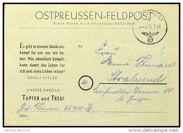 1945, Ostpreussen-Feldpostkarte Auf Hellgrünem Karton Mit Aufdruckvariante "TAPFER Und TREU", Gebraucht Mit... - Autres & Non Classés