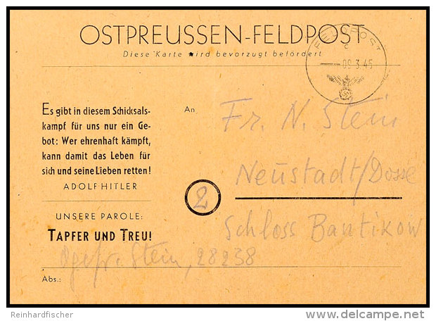 1945, Ostpreussen-Feldpostkarte Auf Hellbraunem Karton, Gebraucht Mit Normstempel "c 9.3.45" Und... - Autres & Non Classés