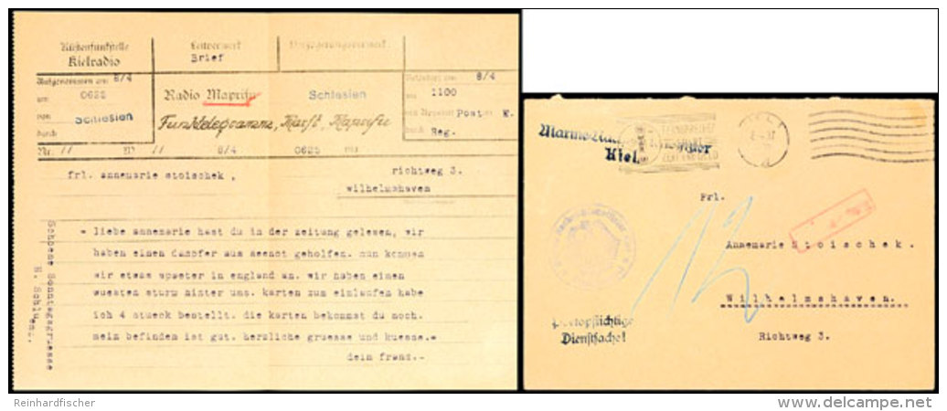 Kriegsmarine 1937, Funktelegramm "MaPriFu" Ab Linienschiff "Schlesien" über Küstenfunkstelle Kielradio An... - Autres & Non Classés
