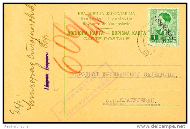 Ganzsachenkarte Vom Königreich Jugoslawien Mit Wert-Stpl. 1 Din., Der Mit Einer 1 Din. Marke überklebt... - Autres & Non Classés