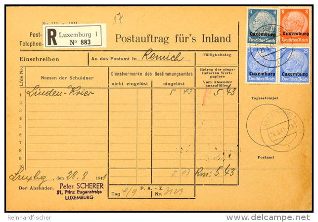 Luxemburgisches Formular "Postauftrag Für's Inland" (Sic!) Mit 4, 8, 2x 25 Pfg Hindenburg Aufdruck Ab... - Autres & Non Classés
