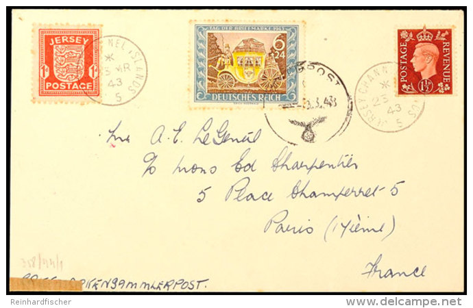 6 + 24 Pf Mit Feldpoststempel Vom 23.3.43 Und Zusatzfrankatur 1 D Wappenausgabe Von Jersey Und 1 1/2 D Georg VI Mit... - Autres & Non Classés