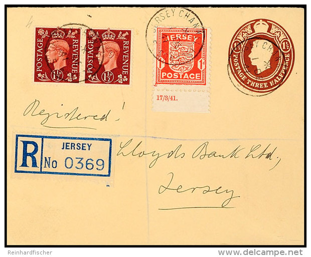 Jersey 1941, Britischer 1&frac12; D Ganzsachenumschlag George VI (WU 31 A) Mit Zufrankierter 1 D Jersey (mit... - Autres & Non Classés