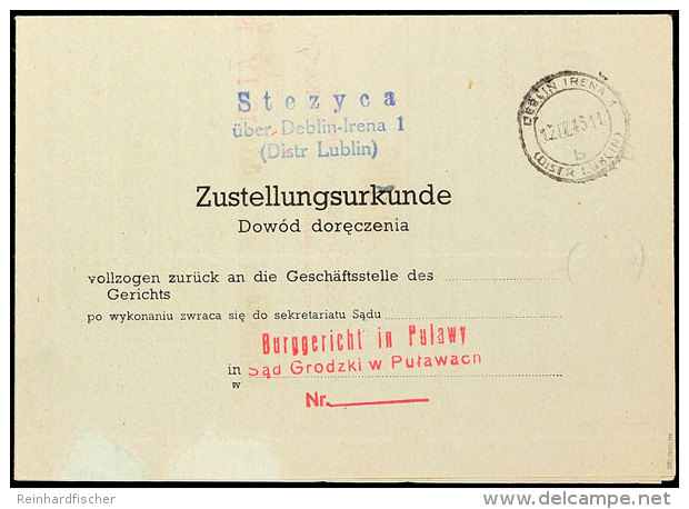 1943, Zustellungsurkunde Aus Distrikt Lublin, Form-Nr. DPD 435 (10.41) Mit Allen Stempeln Und Unterschriften,... - Autres & Non Classés