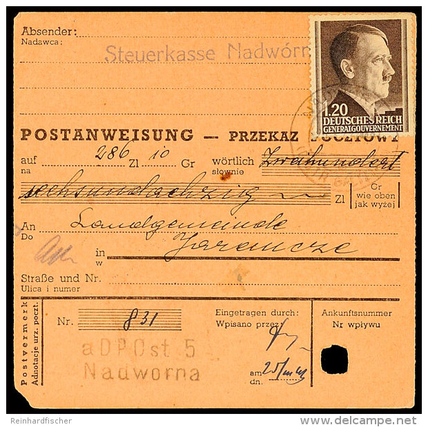 1,20 Zl. Hitler Als Portogerechte Einzelfrankatur Auf Postanweisung Aus NADWORNA 25.3.43 Nach Jaremtsche Mit... - Autres & Non Classés
