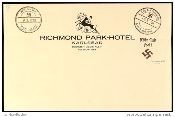 1938, Briefpapier Des Richmond Park-Hotels In Karlsbad Mit Privatem Handstempel-Aufdruck "Wir Sind Frei! +... - Autres & Non Classés