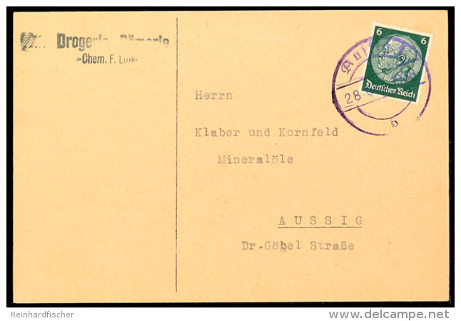 "Aussig 1 B 28 OKT 1938" - Violetter Doppelkreisstegstempel, Auf Bedarfspostkarte Einer Drogerie Aus Pömerle,... - Autres & Non Classés