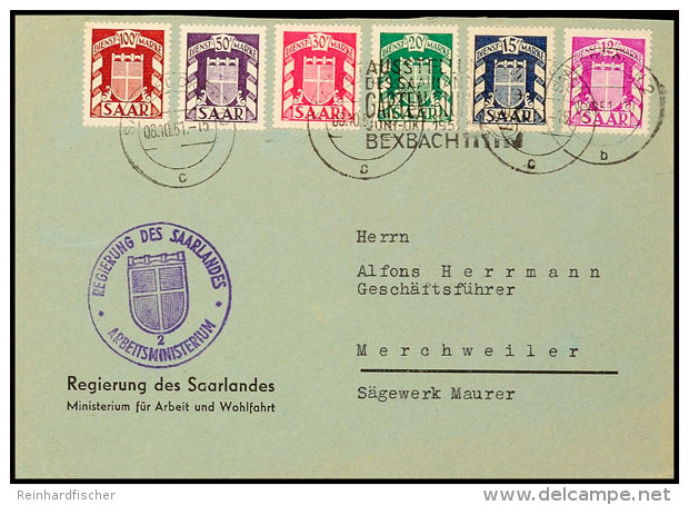 10 C. Bis 100 Fr. Dienstmarken Komplett Auf 2 Satzbriefen Von SAARBRÜCKEN 10 8.10.51, 5 Fr. Mit Kleinem Fleck,... - Autres & Non Classés