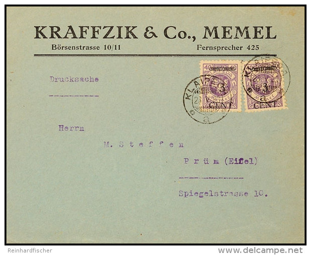 2x 3 Cent. Auf 40 M, Mehrfachfrankatur Auf Drucksache Der Fa. Kraffzik Mit Stempel Klaipéda 23.5.23 Nach... - Memel (Klaipeda) 1923