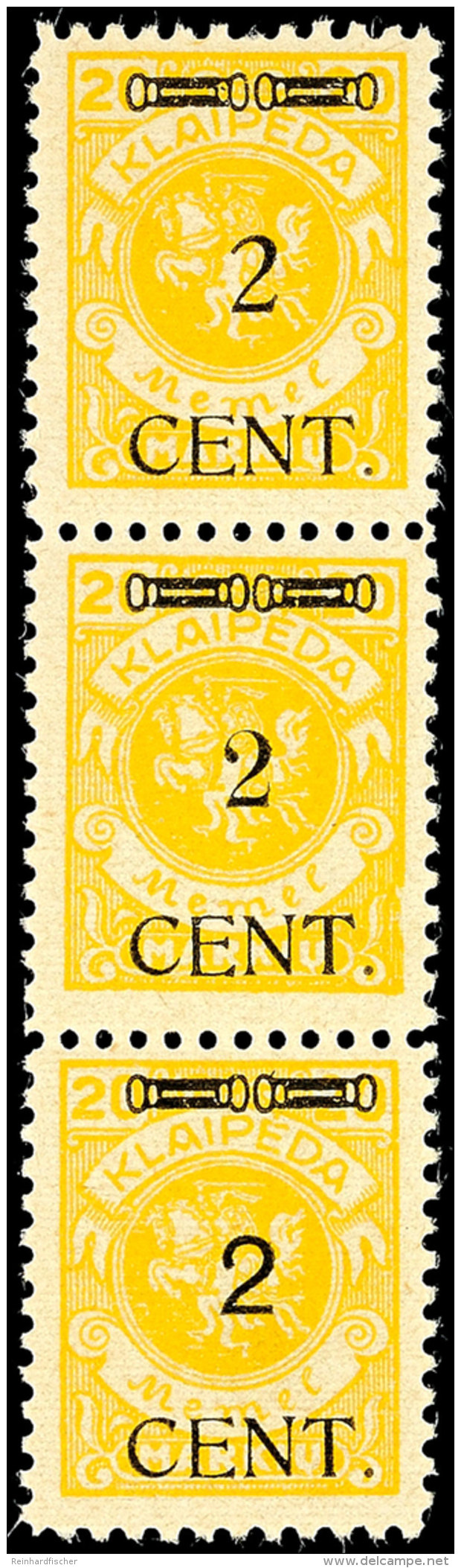 2 C. Auf 20 Mark, Senkrechter Dreier-Streifen Type II+III+IV, Postfrisch, Geprüft Huylmans BPP, Katalog:... - Memel (Klaipeda) 1923