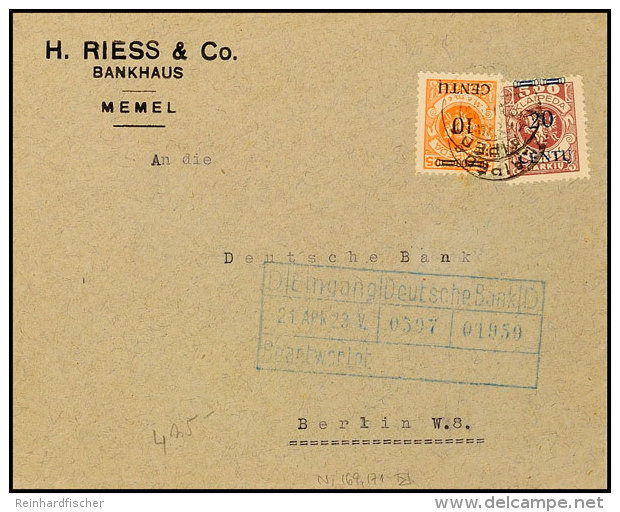 10 Centu Auf 25 M Und 20 Centu Auf 500 M, Bankbrief Ab Klaipéda Nach Berlin, Eingangsstempel 21.4.23,... - Memel (Klaipeda) 1923