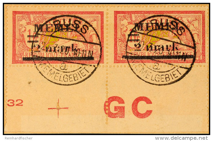 2 M Auf 1 Fr, Waag. Unterrandpaar Auf Briefstück Mit Teildruckdatum Und Eindruck "GC", Fotobefund Huylmans... - Memel (Klaïpeda) 1923