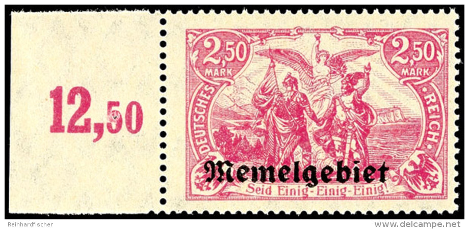 2,50 Mark Germania Mit Aufdruck "Memelgebiet", Dunkelrosalila, Tadellos Postfrisches Luxusstück Dieser Sehr... - Memel (Klaïpeda) 1923