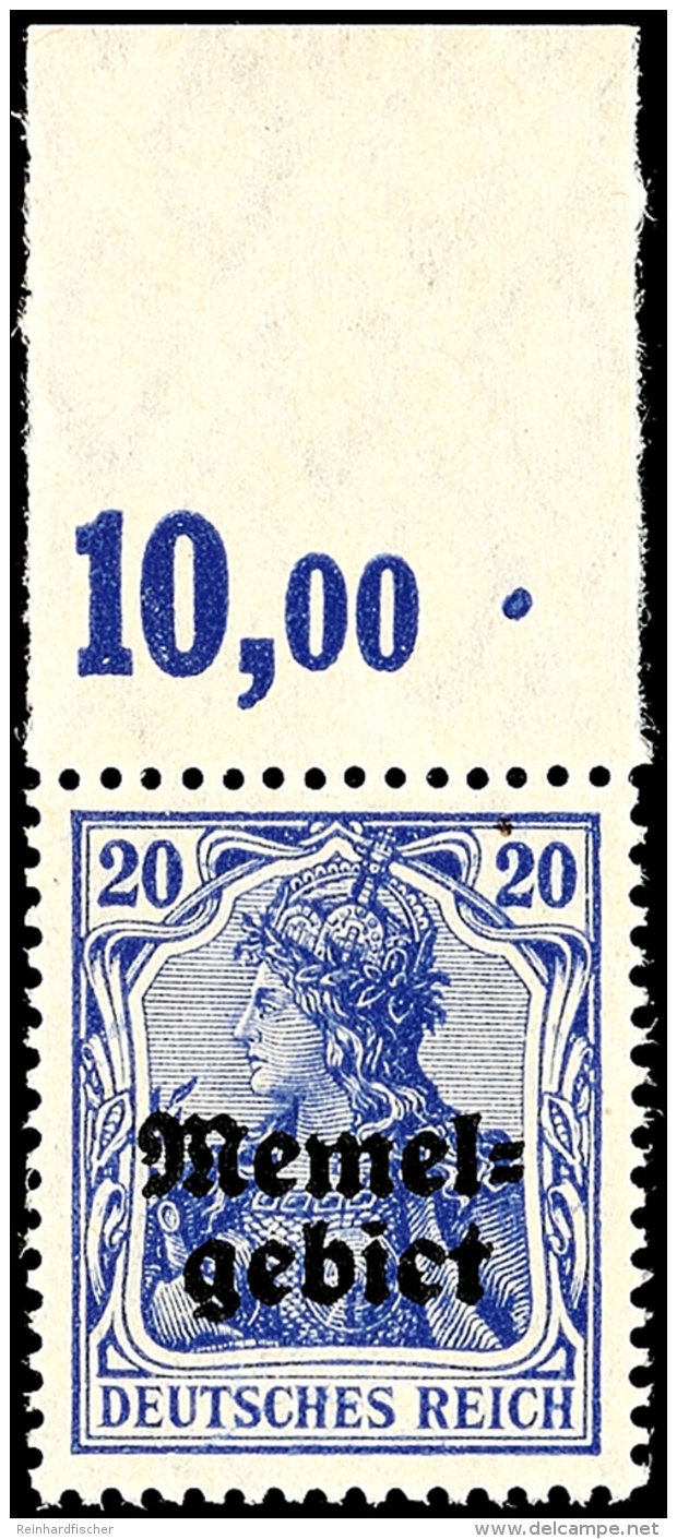 20 Pf. Germania, Violettblau, Plattendruck, Oberrandstück Postfrisch, Mi. 200.-, Katalog: 4b POR **20 Pf.... - Memel (Klaipeda) 1923