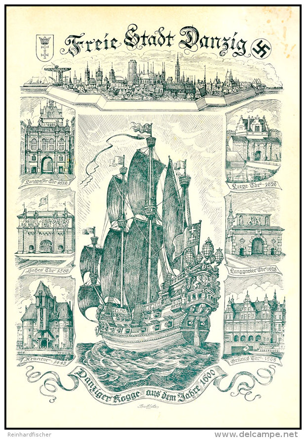 1939, Schmuckblatt-Telegramm "Danziger Kogge" (Lx 2) Der Freien Stadt Danzig, Gebraucht, Oben Rechts Etwas Fleckig,... - Otros & Sin Clasificación