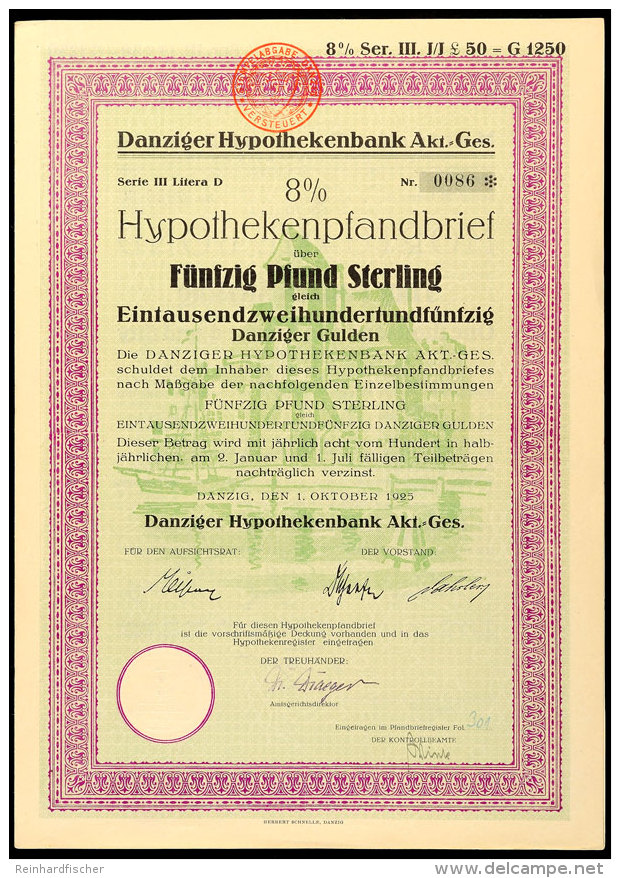1925, Hypothekenpfandbrief Der Danziger Hypothekenbank AG über 1250 Danziger Gulden Mit Rotem Stempel... - Otros & Sin Clasificación