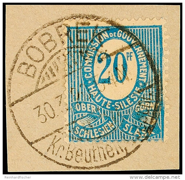 "BOBREK Kr. Beuthen, Oberschl. 30.3.20", Kreisgitterstegstempel, Auf Briefstück 20 Pfg Ziffer,... - Other & Unclassified
