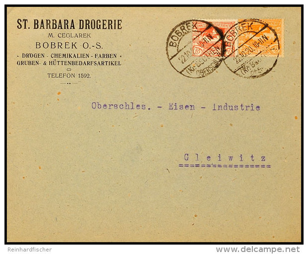 "BOBREK (Kr. BEUTHEN, OBERSCHL.)2 22.10.20", Zweimal Klar Auf Vordruckbrief "ST.BABARA DROGERIE..." Mit 30 Pfg. Und... - Autres & Non Classés