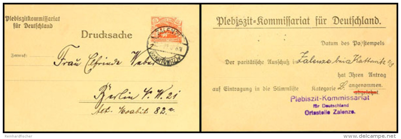 10 Pfg. Freimarke (fehlerhaft) Mit Stempel "ZALENZE  20.2.21" Auf Vordruckkarte Des Pelbiszitkommissariat Für... - Otros & Sin Clasificación