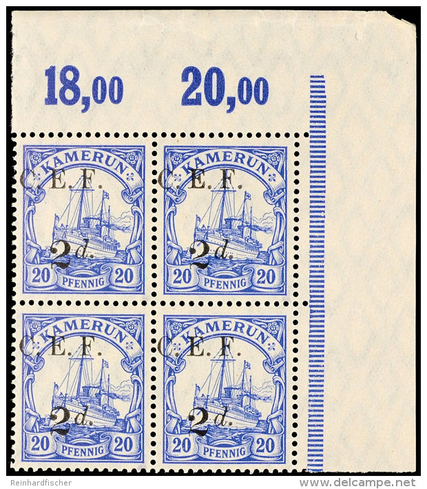 2 D. Auf 20 Pfg Kaiseryacht, Postfrischer Eckrandviererblock Oben Rechts, Jede Marke Gepr. Bothe BPP, Mi. 80.-+,... - Camerún