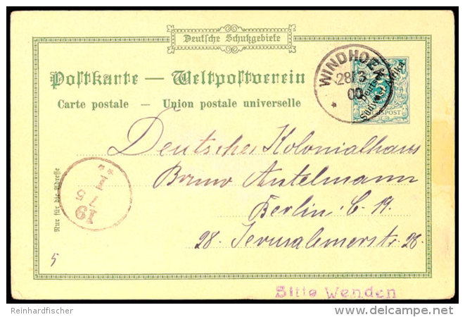 5 Pf. Krone/Adler, Farbige Privatpostkarte Kommissariat Windhoek, Von WINDHOEK 28/3 00 Nach Berlin, Katalog: PP1... - Sud-Ouest Africain Allemand