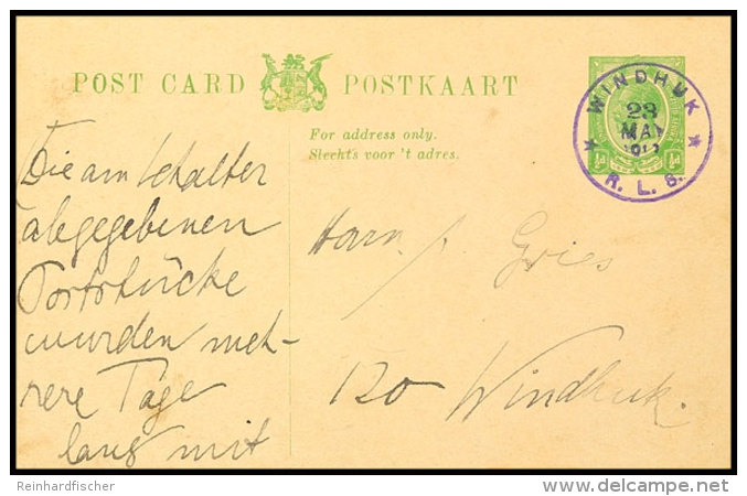 "WINDHUK R.L.S. 23.MAY.1917", Violetter Gummistempel Sehr Klar Auf Ganzsachenkarte 1/2 D. Mit Philat. Text Nach... - Sud-Ouest Africain Allemand