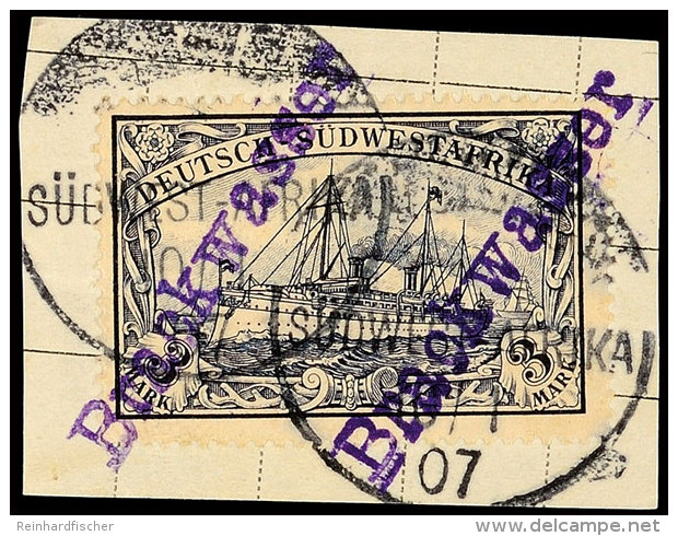 Brackwasser, Wanderstempel Violett Zwei Mal Abgeschlagen Auf Briefstück 3 Mark, Katalog: 22 BSBrackish... - Sud-Ouest Africain Allemand