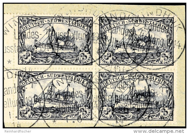 3 Mark Kaiseryacht, Viererblock Mit Teil Des Linken Bogenrandes Auf Briefstück Mit Diversen Abschlägen... - German South West Africa