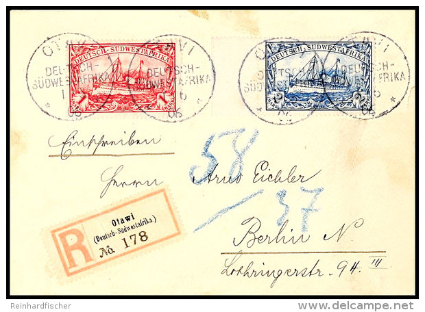 1 Und 2 Mark Kaiseryacht Auf Kleinformatigem R-Brief Von OTAWI 1/6 06 Nach Berlin (rücks. Ank.stpl. 9/7 06),... - Sud-Ouest Africain Allemand