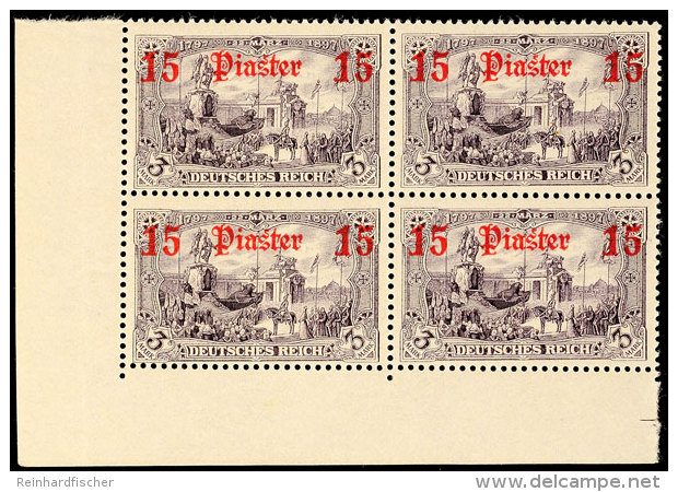 15 Piaster Auf 3 Mark, Linker Unterer Eckrand-4er-Block Postfrisch Mit Mehr Oder Weniger Großen Haftstellen,... - Turquie (bureaux)