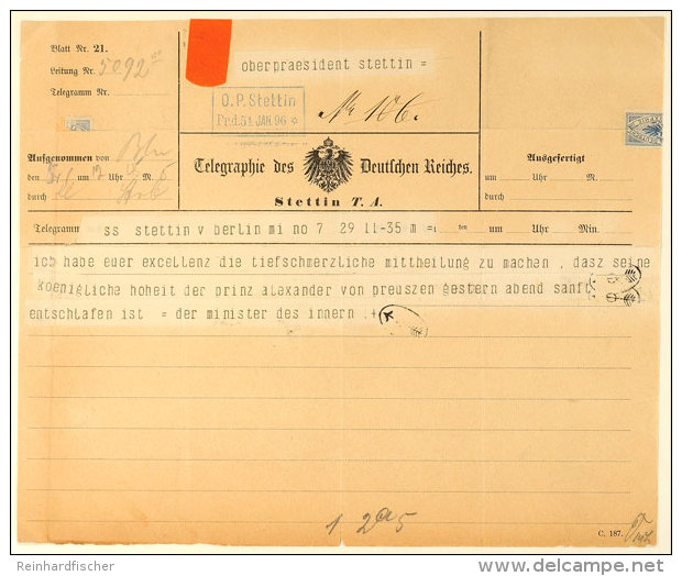 Telegramm Vom 5.1.1896, Absender Minister Des Inneren An OPD Präsident Betreffs Tod Seiner Kgl Hoheit Prinz... - Otros & Sin Clasificación