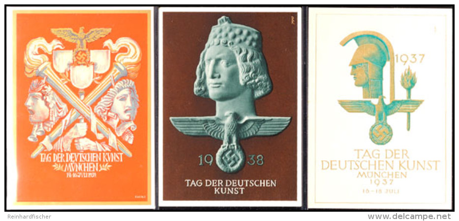 1939-1939, T. D. Deutschen Kunst, Drei Versch. Color Festpostkarten, Frankiert Mit Entspr. SST, Blanko, Erh. I... - Otros & Sin Clasificación